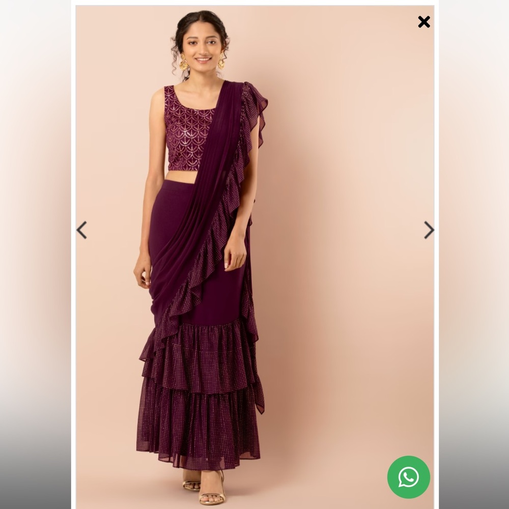 Wine Mukaish Foil Ruffled Pre-Stitched Saree (Without Blouse)